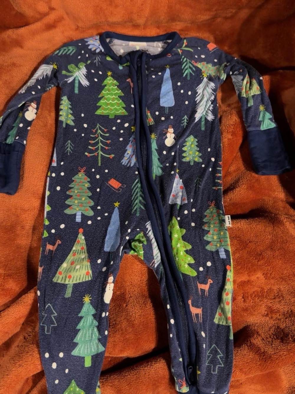 Little Sleepies Navy Holiday Tree Print Zip One-Piece Footie
